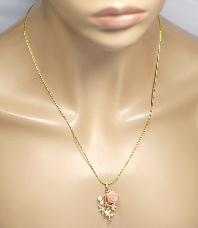 Foto 4 - Rose aus Koralle Perlen Anhänger an Goldkette, S5989